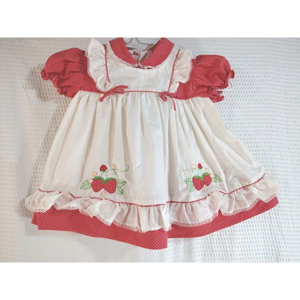Vintage 2T Girls Strawberry Pinafore Dress  Red White Polka Dot Embroidered 80s